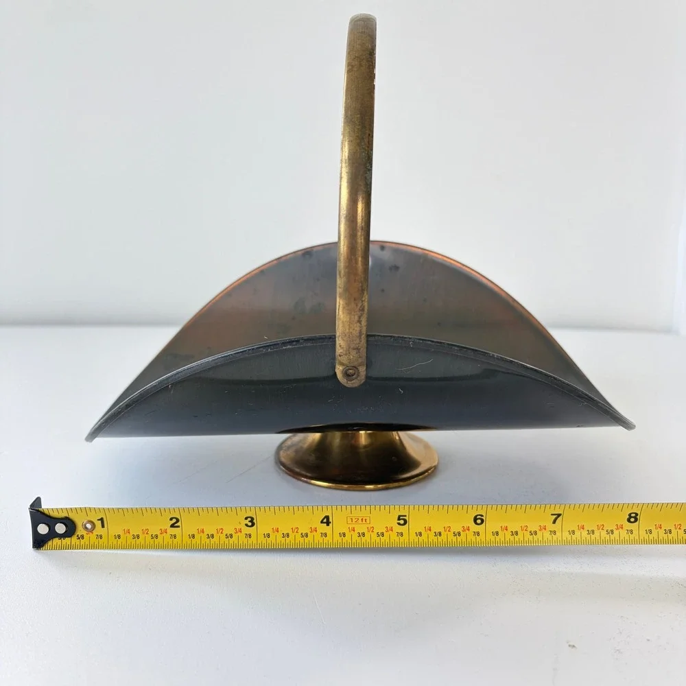 Vintage Mid Century Modern Mixed Metal Basket Brass Handle Pedestal Base Copper